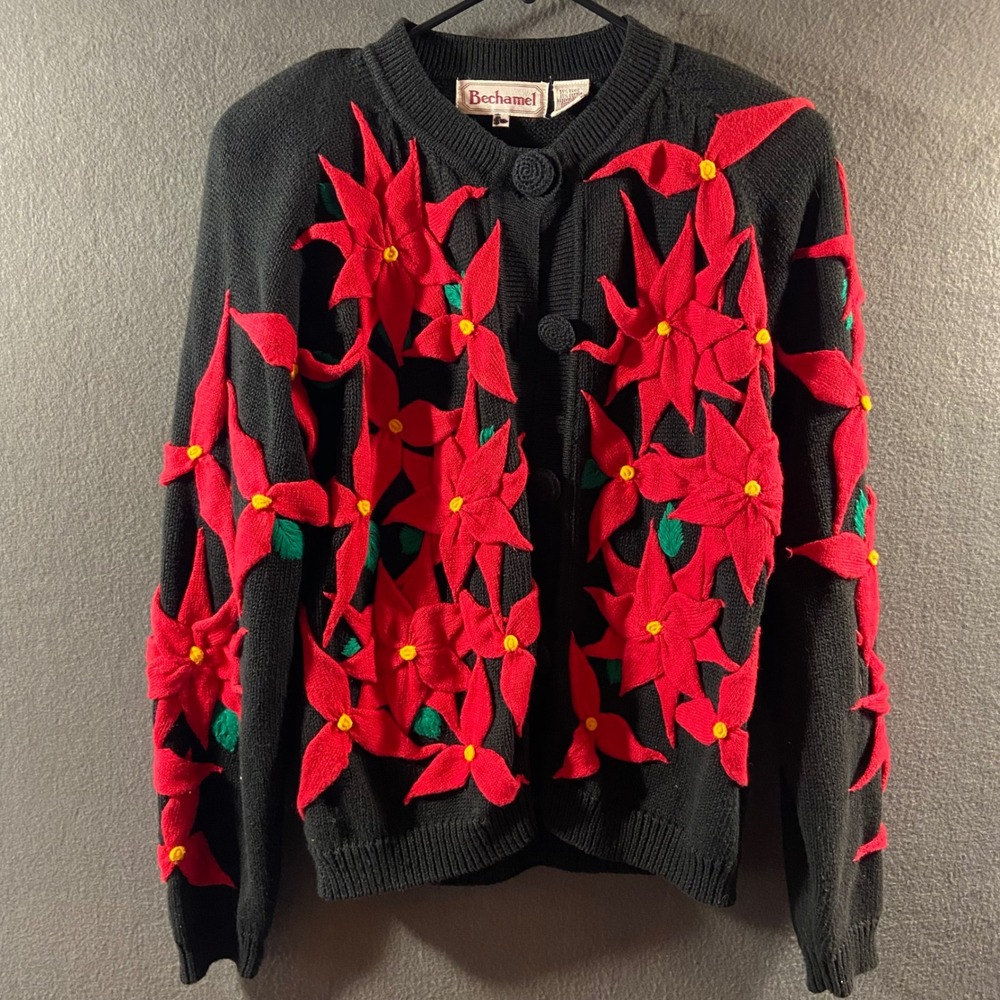 vtg novelty christmas sweater Poinsettia Cardigan 3d Knit Holiday party grandma